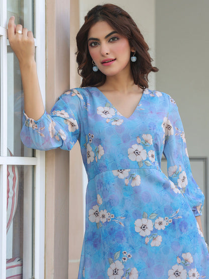 Women's Blue Georgette Floral Printed A-Line Dress