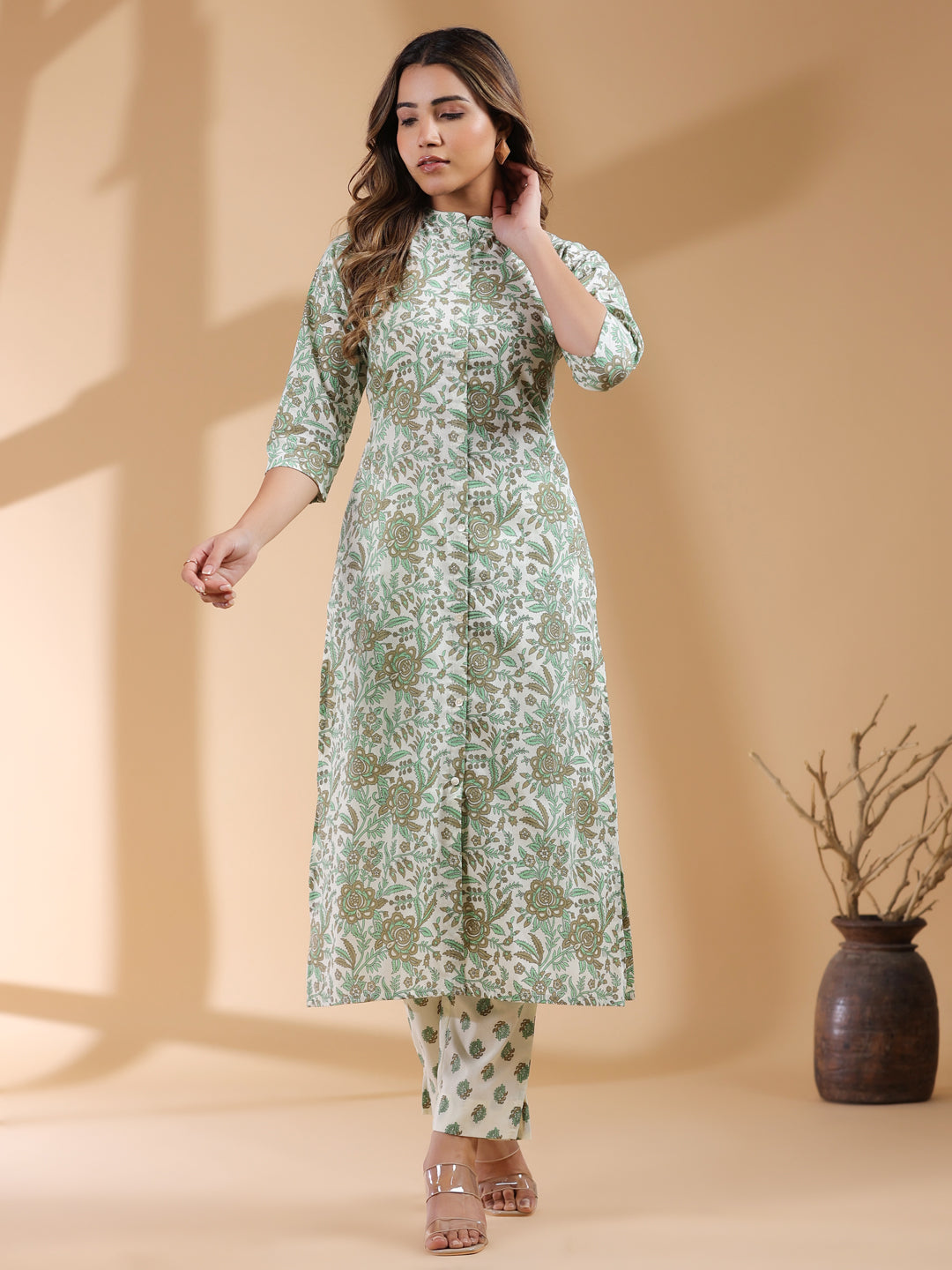 Women's Pure Cotton Floral Kurta & Pant Set Cream Color Trending Outfit