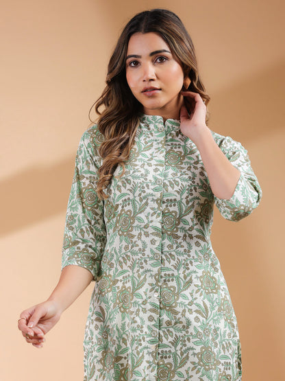 Women's Pure Cotton Floral Kurta & Pant Set Cream Color Trending Outfit