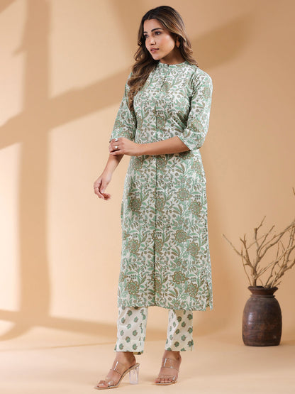 Women's Pure Cotton Floral Kurta & Pant Set Cream Color Trending Outfit