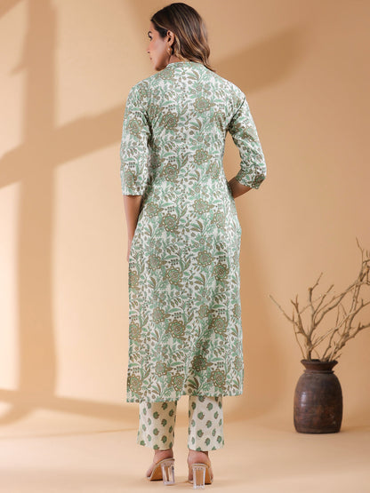 Women's Pure Cotton Floral Kurta & Pant Set Cream Color Trending Outfit