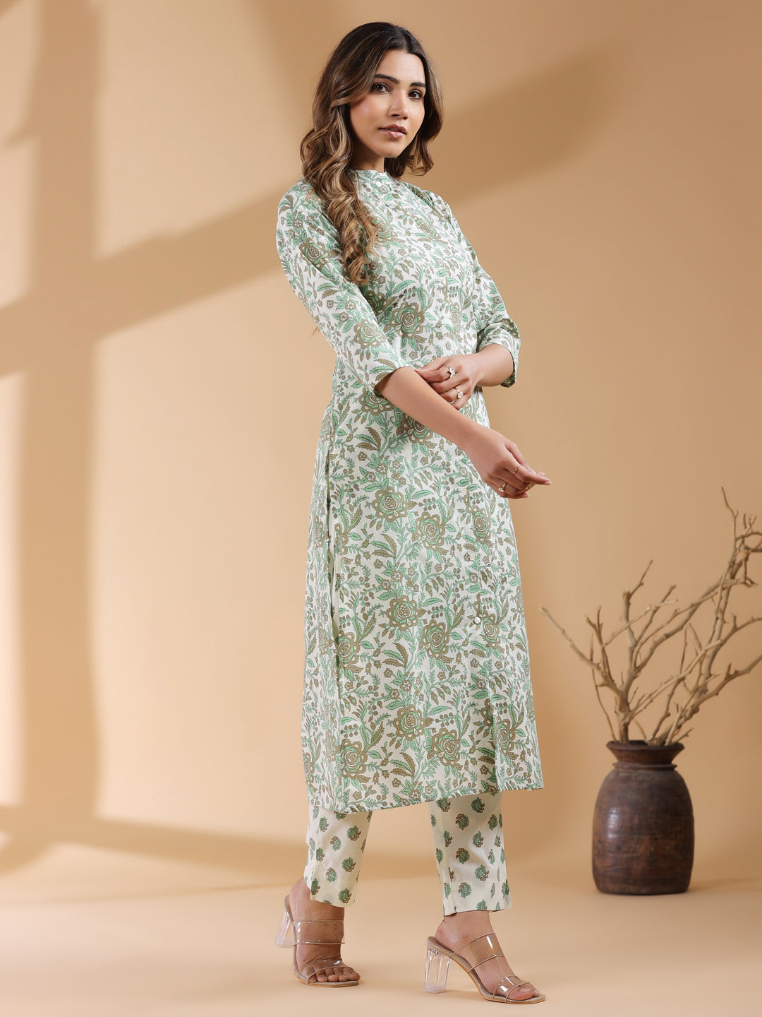 Women's Pure Cotton Floral Kurta & Pant Set Cream Color Trending Outfit