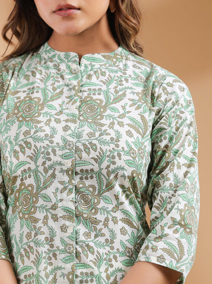 Women's Pure Cotton Floral Kurta & Pant Set Cream Color Trending Outfit