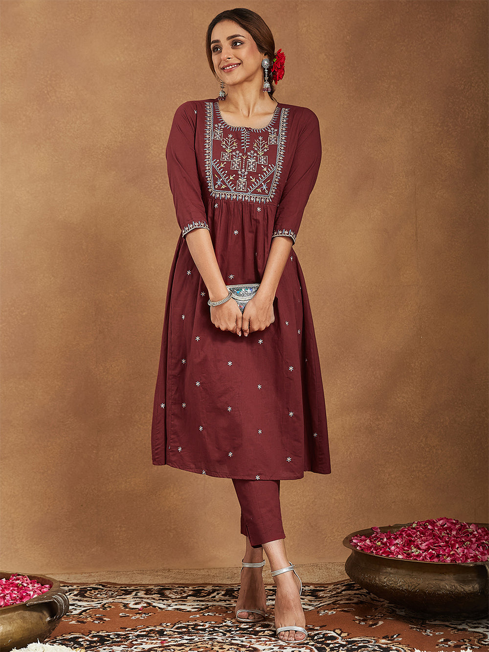 Women's Maroon Pure Cotton Embroidered A-line Kurta with Pant Set