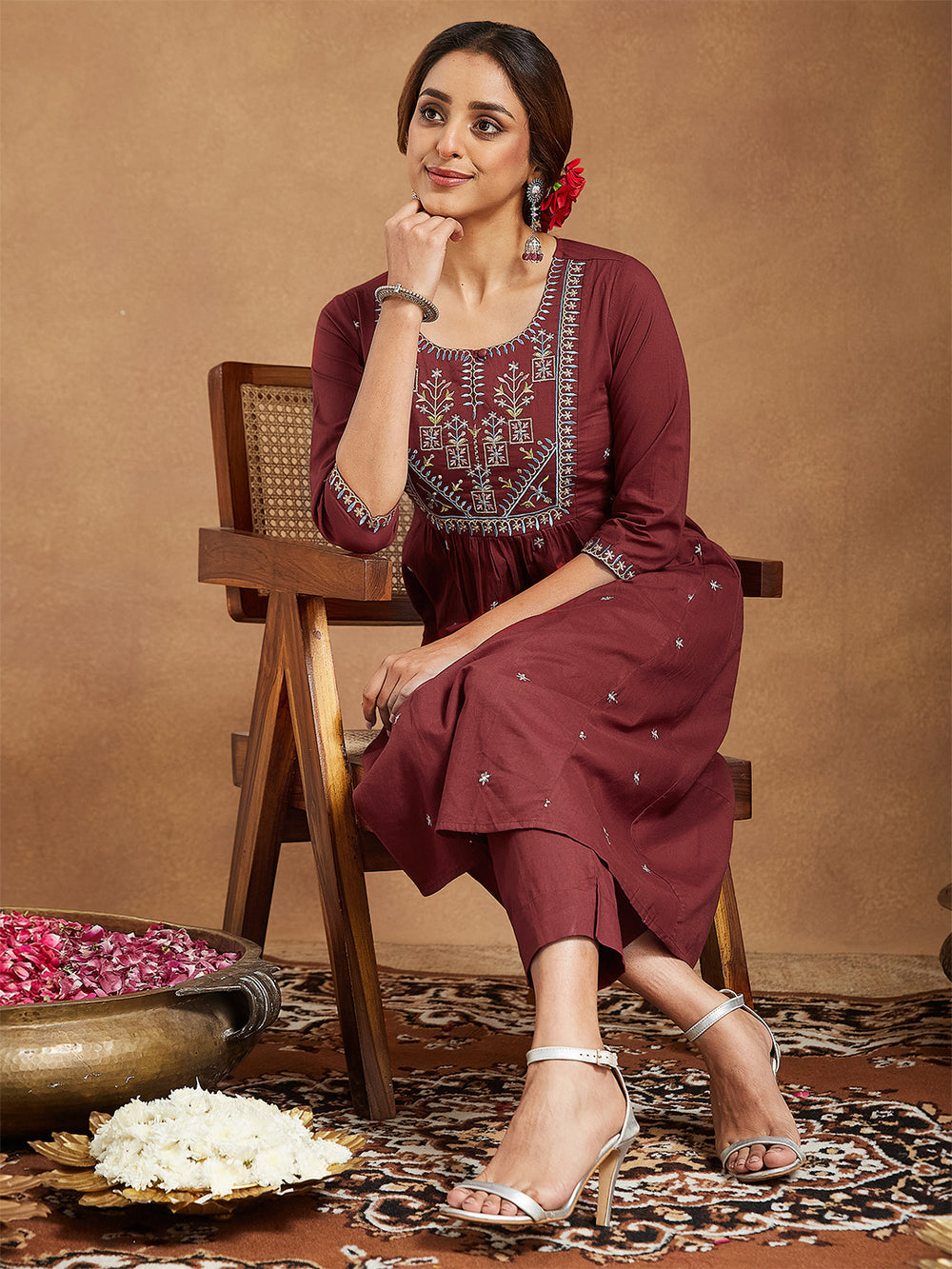 Women's Maroon Pure Cotton Embroidered A-line Kurta with Pant Set