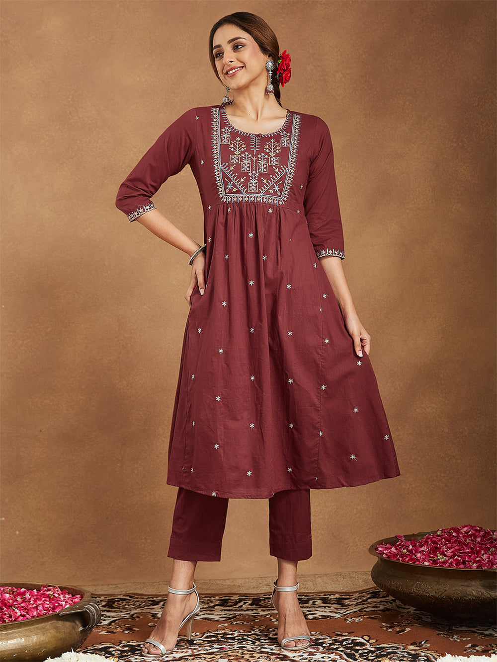 Women's Maroon Pure Cotton Embroidered A-line Kurta with Pant Set