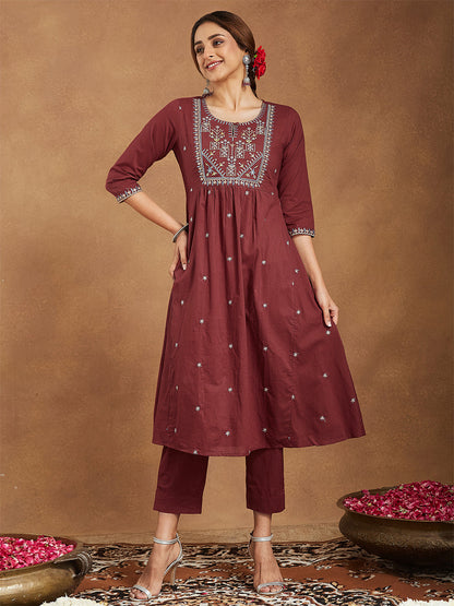 Women's Maroon Pure Cotton Embroidered A-line Kurta with Pant Set