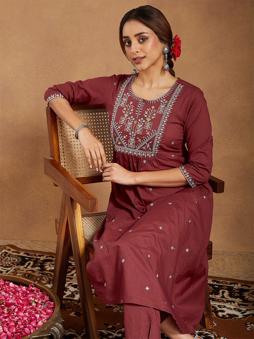 Women's Maroon Pure Cotton Embroidered A-line Kurta with Pant Set