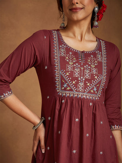 Women's Maroon Pure Cotton Embroidered A-line Kurta with Pant Set