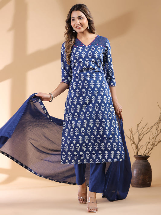 Women's Navy Blue Pure Cotton Ethnic Motifs Printed Straight Kurta Set