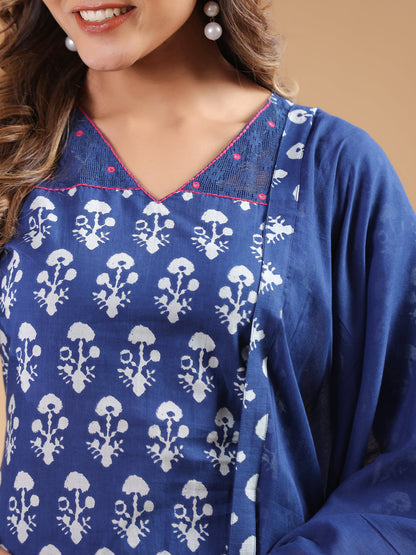 Women's Navy Blue Pure Cotton Ethnic Motifs Printed Straight Kurta Set