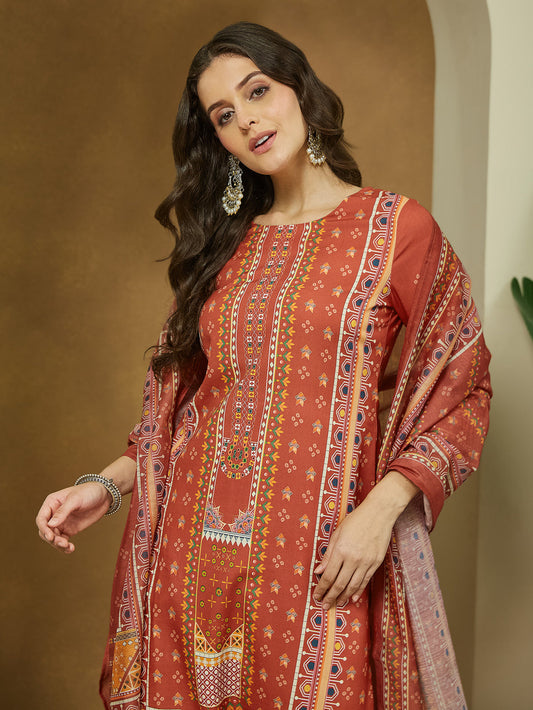 Women Rust Cotton Blend Ethnic Motif Printed Straight Kurta & Trouser With Dupatta