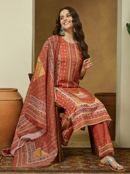 Women Rust Cotton Blend Ethnic Motif Printed Straight Kurta & Trouser With Dupatta