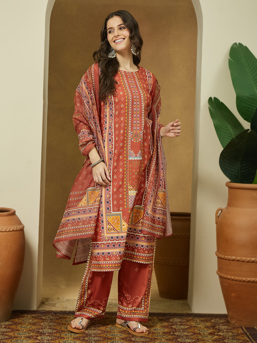 Women Rust Cotton Blend Ethnic Motif Printed Straight Kurta & Trouser With Dupatta