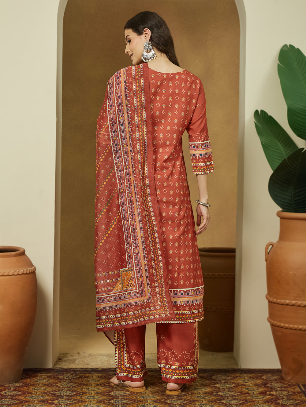 Women Rust Cotton Blend Ethnic Motif Printed Straight Kurta & Trouser With Dupatta