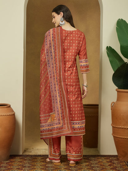 Women Rust Cotton Blend Ethnic Motif Printed Straight Kurta & Trouser With Dupatta