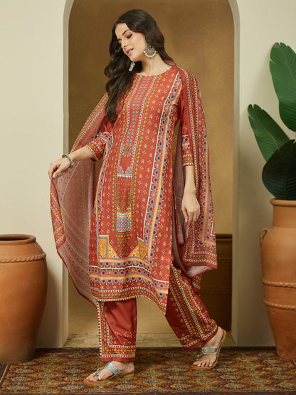 Women Rust Cotton Blend Ethnic Motif Printed Straight Kurta & Trouser With Dupatta