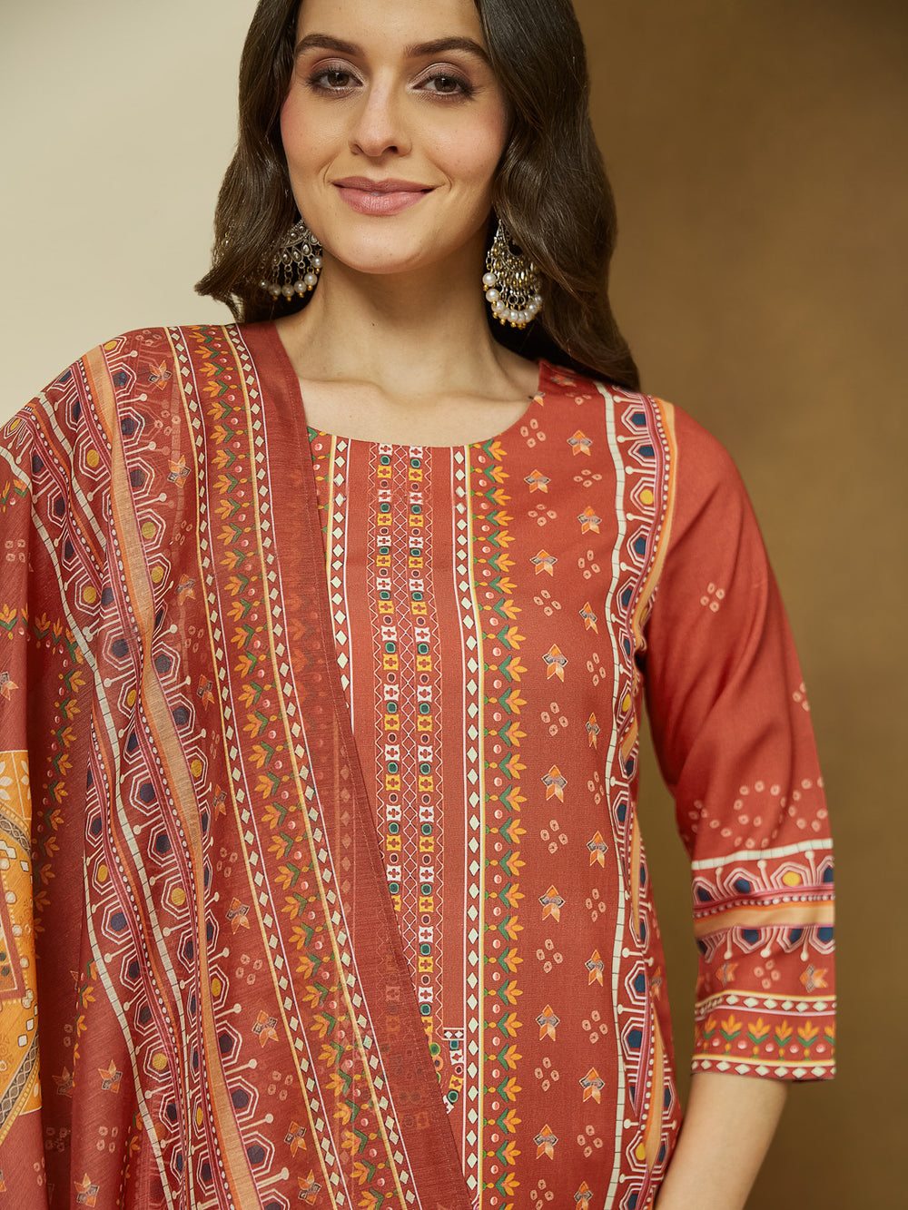 Women Rust Cotton Blend Ethnic Motif Printed Straight Kurta & Trouser With Dupatta