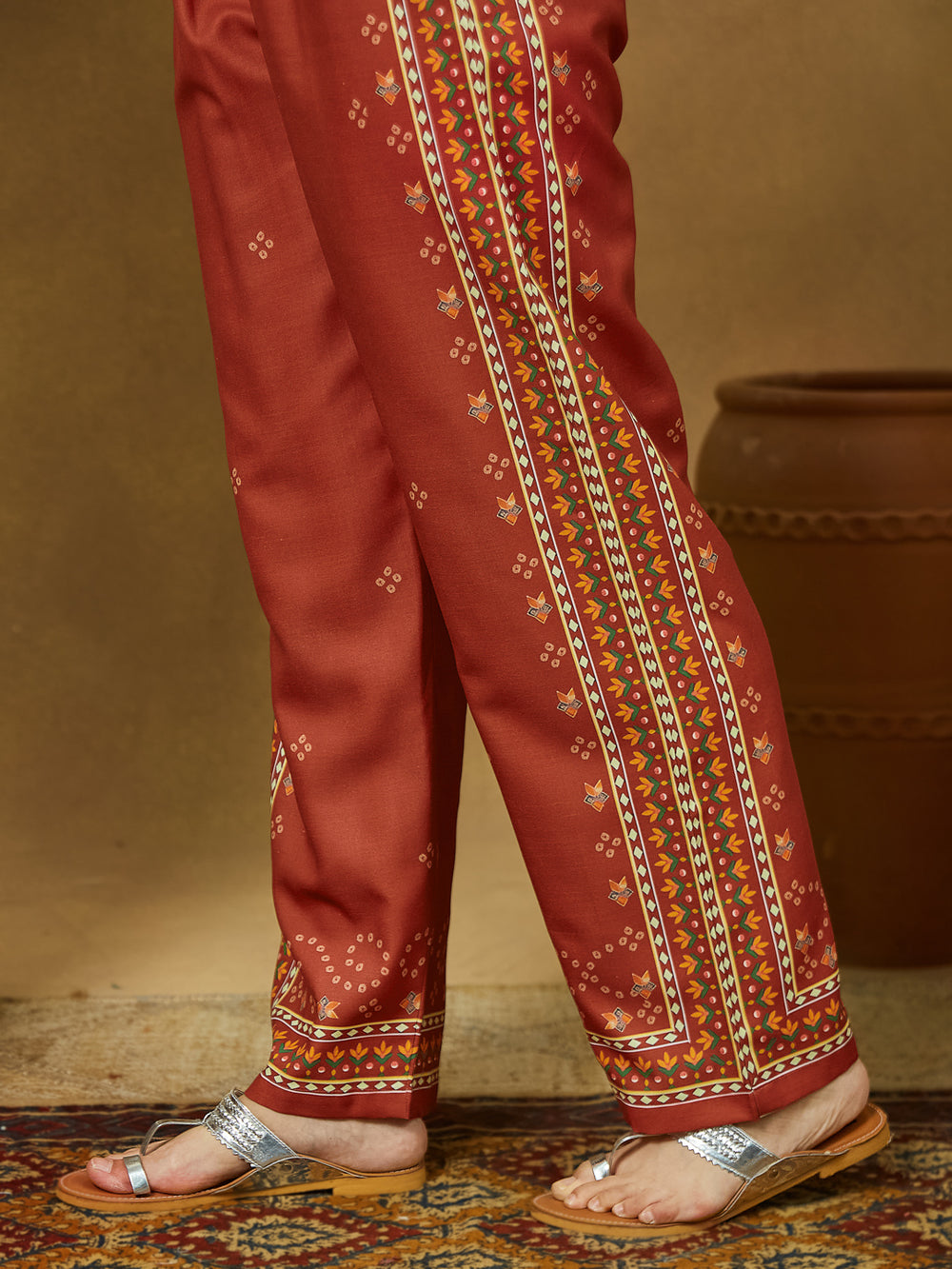 Women Rust Cotton Blend Ethnic Motif Printed Straight Kurta & Trouser With Dupatta