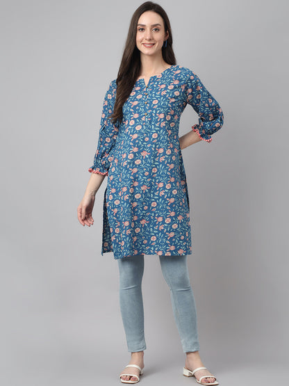 Women's Blue Cotton Floral Print Regular Tunic