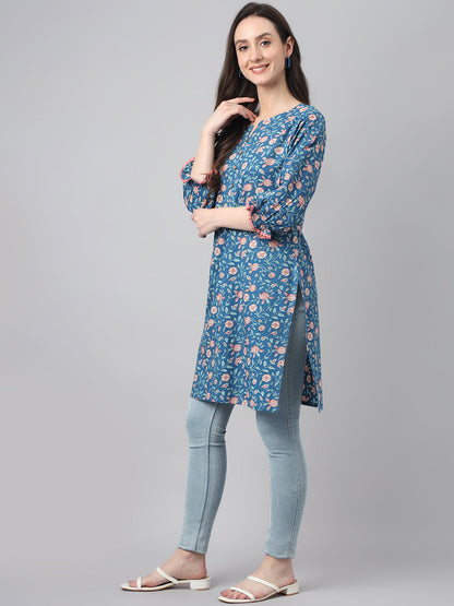 Women's Blue Cotton Floral Print Regular Tunic