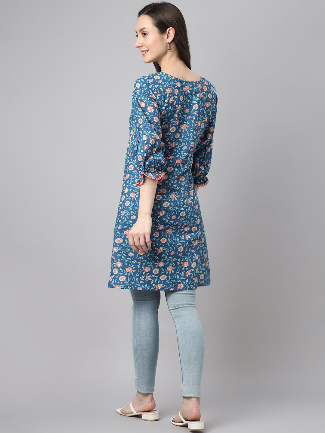 Women's Blue Cotton Floral Print Regular Tunic