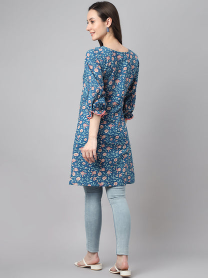 Women's Blue Cotton Floral Print Regular Tunic