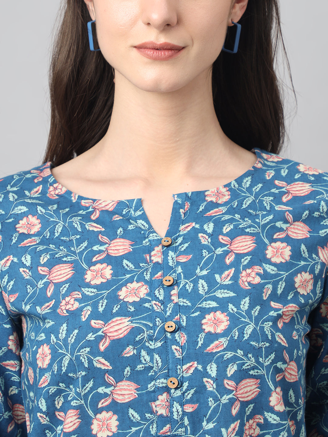 Women's Blue Cotton Floral Print Regular Tunic