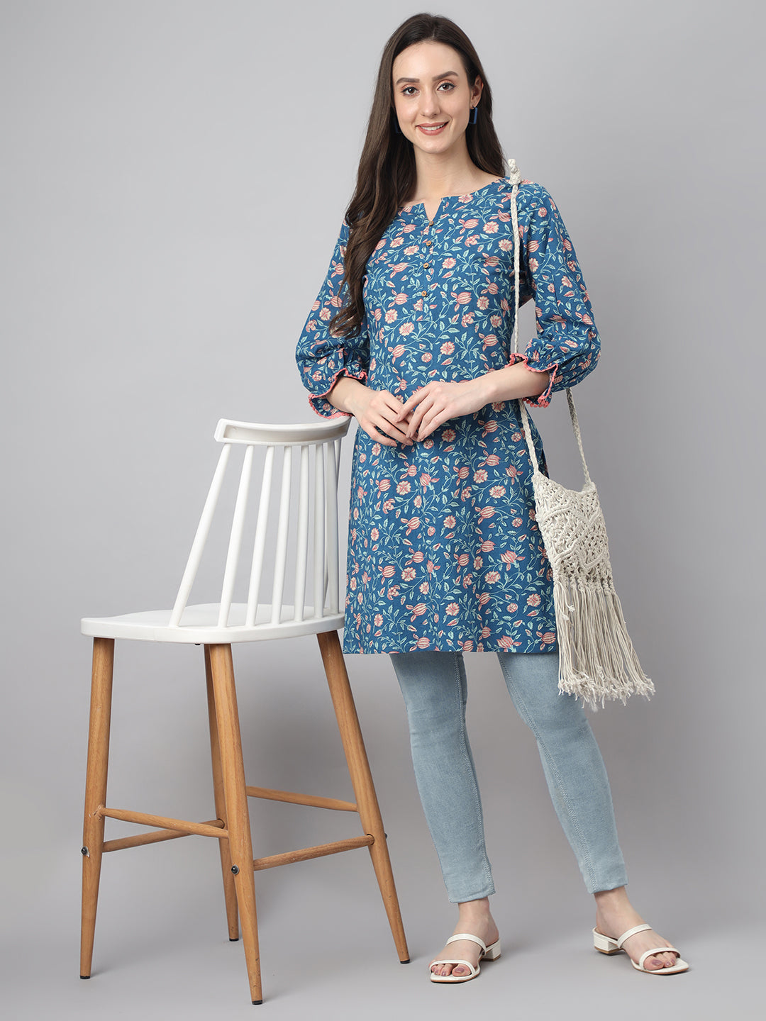 Women's Blue Cotton Floral Print Regular Tunic