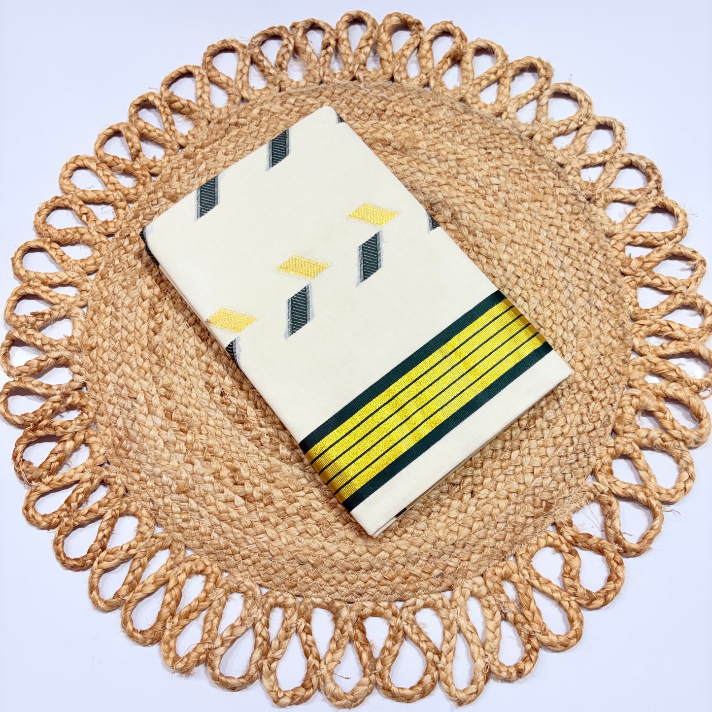 Kerala Cotton Saree | Off-White with Green Diamond Butta Motifs & Stripe Border | Onam, Festival & Office Wear