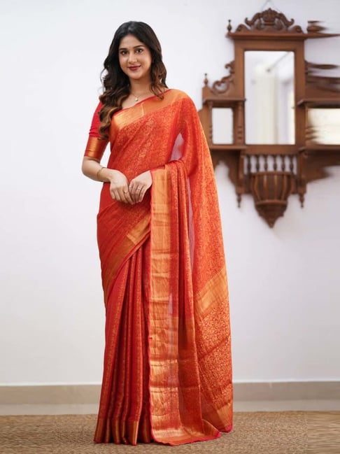 Women's Red Silk Woven Saree with Zari Border & Unstitched Blouse