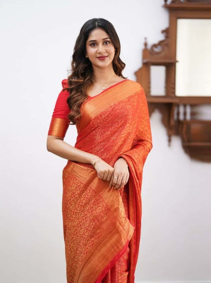 Women's Red Silk Woven Saree with Zari Border & Unstitched Blouse