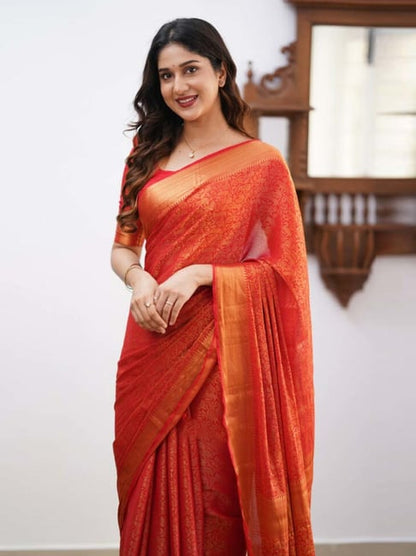 Women's Red Silk Woven Saree with Zari Border & Unstitched Blouse