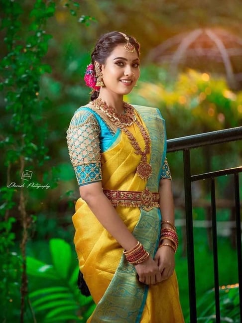 Women's Yellow Silk Woven Saree with Green Blue Contrast Border & Unstitched Blouse