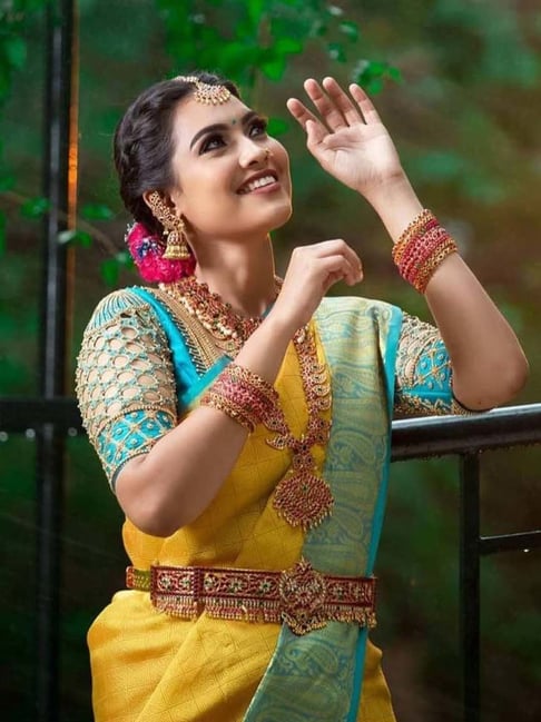 Women's Yellow Silk Woven Saree with Green Blue Contrast Border & Unstitched Blouse