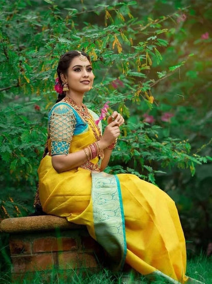 Women's Yellow Silk Woven Saree with Green Blue Contrast Border & Unstitched Blouse