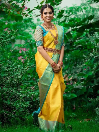 Women's Yellow Silk Woven Saree with Green Blue Contrast Border & Unstitched Blouse