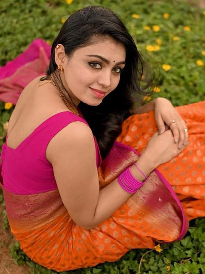 Women's Orange Pink Silk Woven Saree with Rich Pallu & Unstitched Blouse – Festive & Wedding Designer Sari