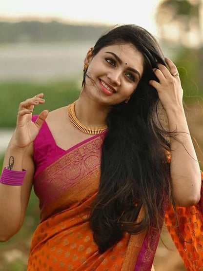 Women's Orange Pink Silk Woven Saree with Rich Pallu & Unstitched Blouse – Festive & Wedding Designer Sari