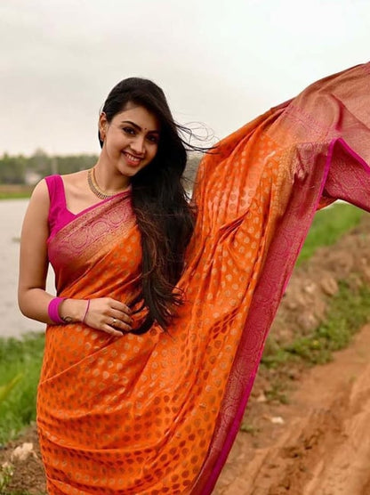Women's Orange Pink Silk Woven Saree with Rich Pallu & Unstitched Blouse – Festive & Wedding Designer Sari
