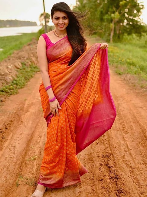 Women's Orange Pink Silk Woven Saree with Rich Pallu & Unstitched Blouse – Festive & Wedding Designer Sari
