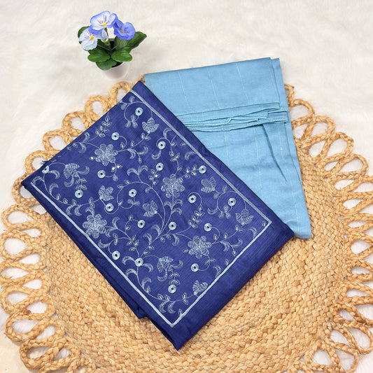 Navy Blue & Blue Semi Silk Suit Set with Embroidered Floral Detailing – Elegant Ethnic Wear for Women