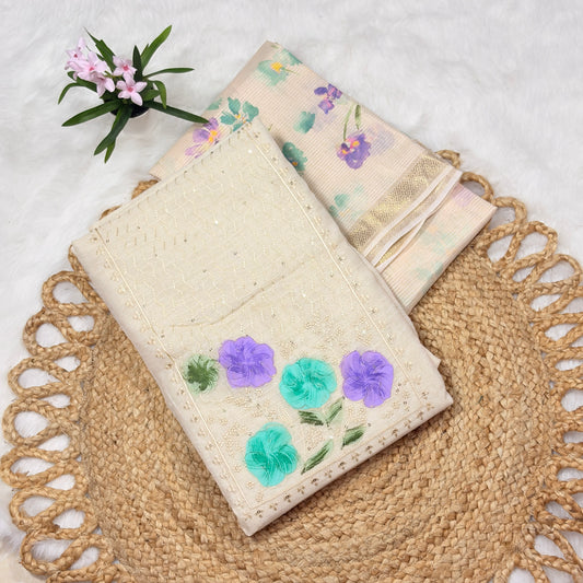 Off White Tissue Suit Set with Colorful Floral Embroidery