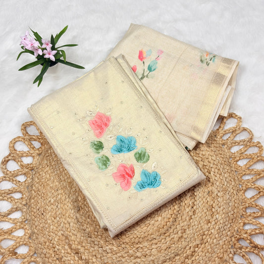 Off White Tissue Suit Set with Colorful Floral Embroidery – Festive & Party Wear for Women