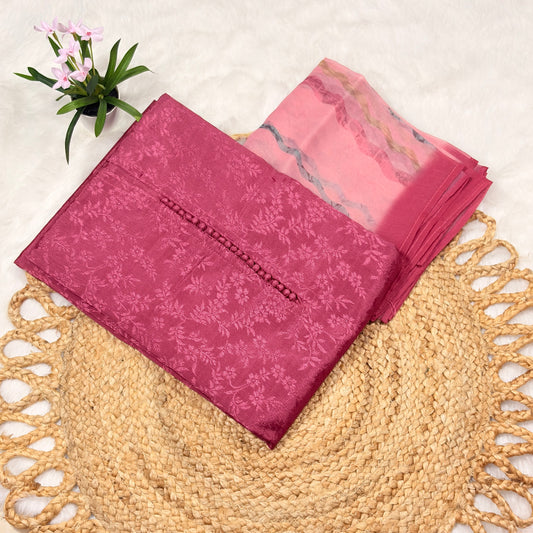 Pink Self-Embossed Suit Set with Organza Dupatta – Festive & Party Wear for Women