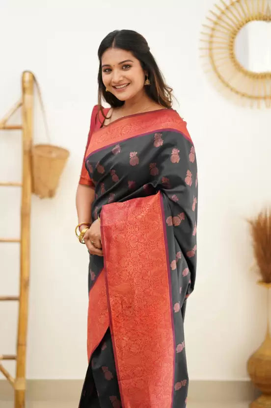 Black Ethnic Motif Woven Design Zari Pure Silk Banarasi Saree Traditional Saree