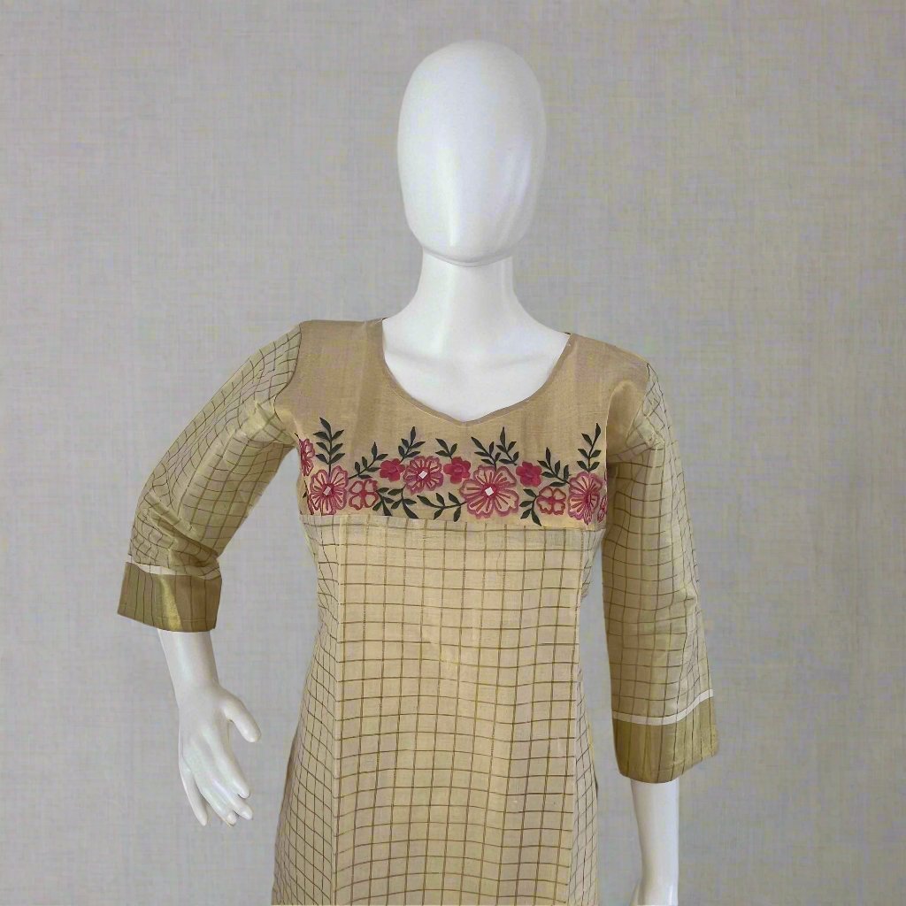 Women's Stylish Kerala Traditional Kurti with Pink Floral Embroidery