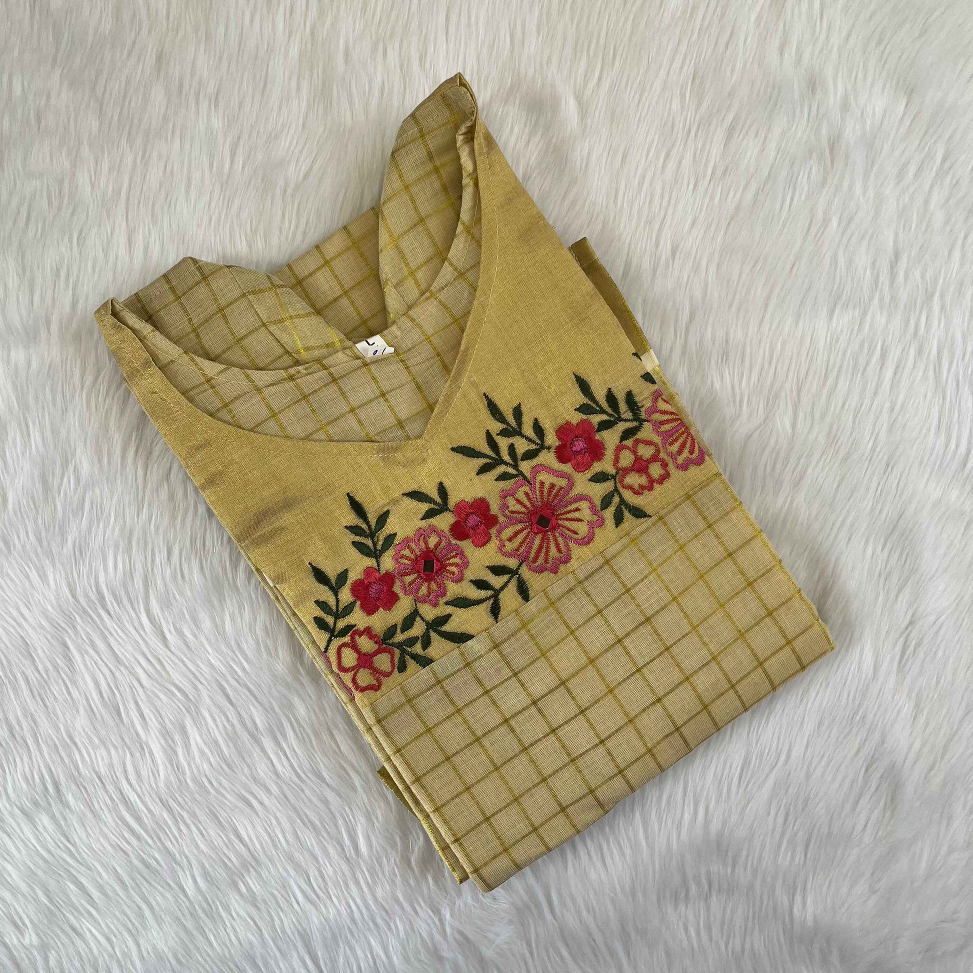 Women's Stylish Kerala Traditional Kurti with Pink Floral Embroidery
