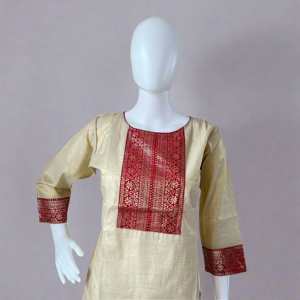 Women's Stylish Kerala Traditional Tissue Kurti with Golden Foil Printed Semi Silk