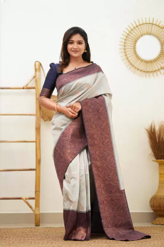 Off White Ethnic Motif Woven Design Zari Pure Silk Banarasi Saree Traditional Saree